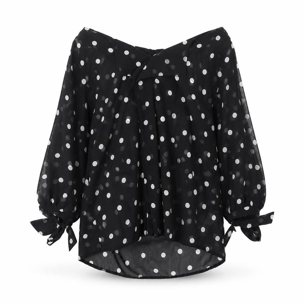 Front view of New Look women’s black polka dot polyester basic blouse, size UK 8, boat neck