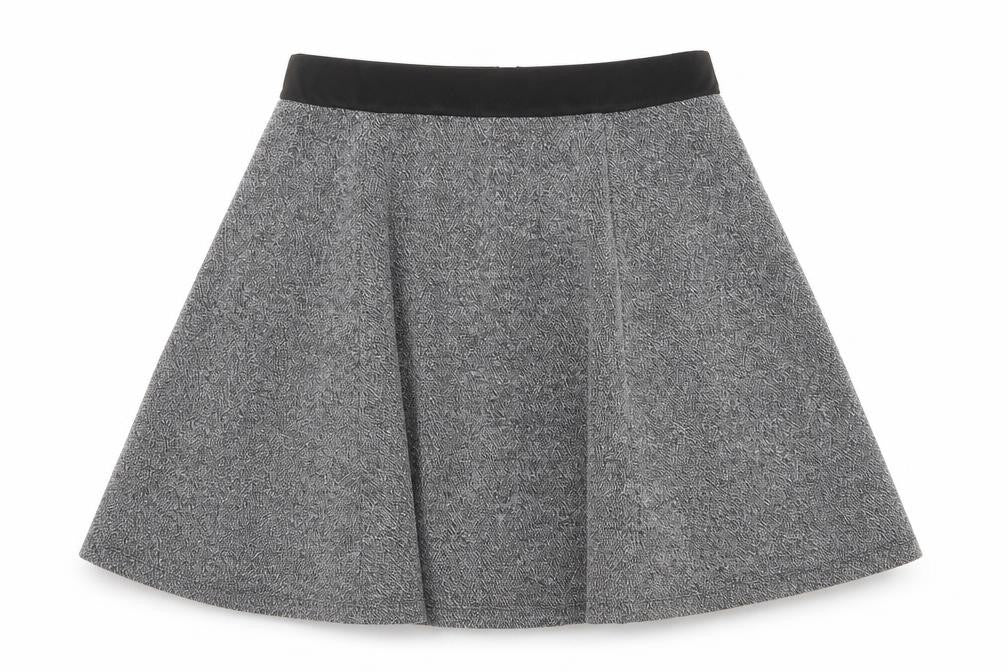 Front view of H&M women’s grey geometric polyester skater skirt, size M, zip