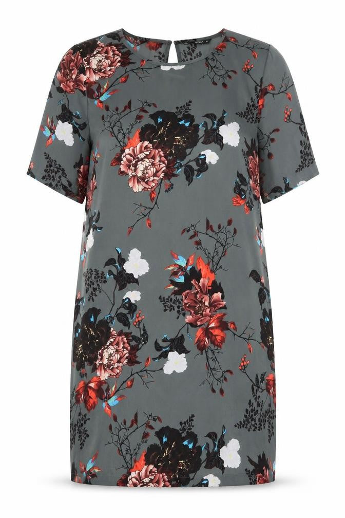 Front view of Only women’s grey floral polyester shift, size UK 12, boat neck button