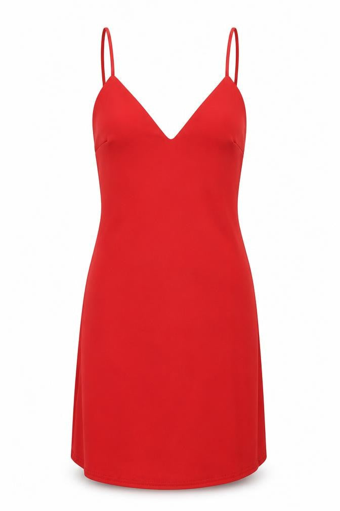 Front view of Missguided women’s red polyester slip dress, size UK 8, v-neck pullover