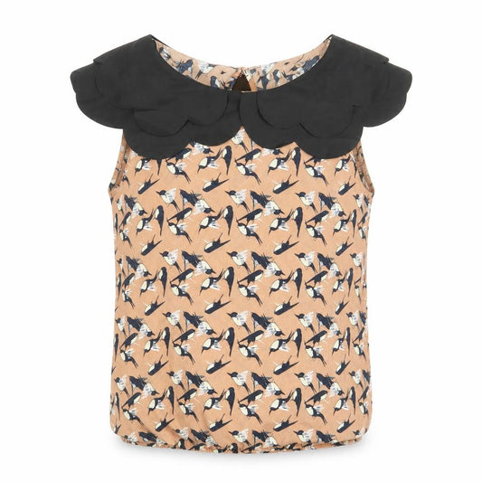 Front view of Atmosphere women’s brown geometric polyester basic blouse, size UK 10, collared - bird print elastic hem