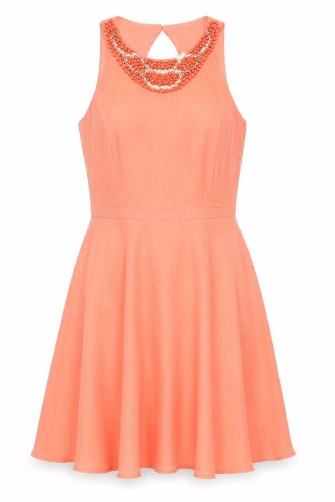 Front view of Oasis women’s pink polyester fit & flare, size UK 10, round neck button