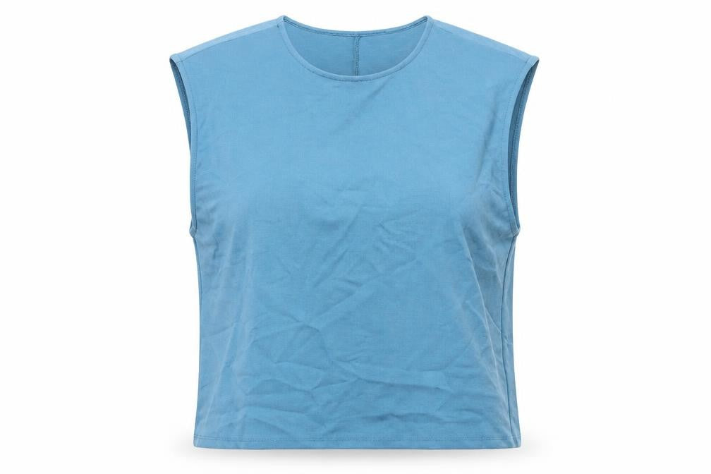 Front view of Zara women’s blue lyocell basic t-shirt, size M, round neck