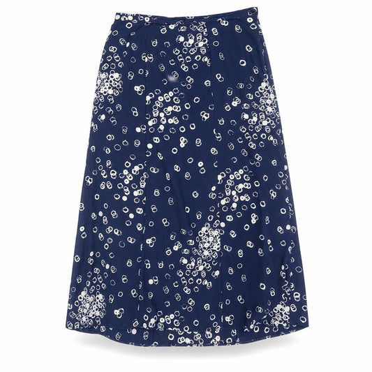 Front view of Focus women’s blue geometric polyester a-line skirt, size UK 14, zip