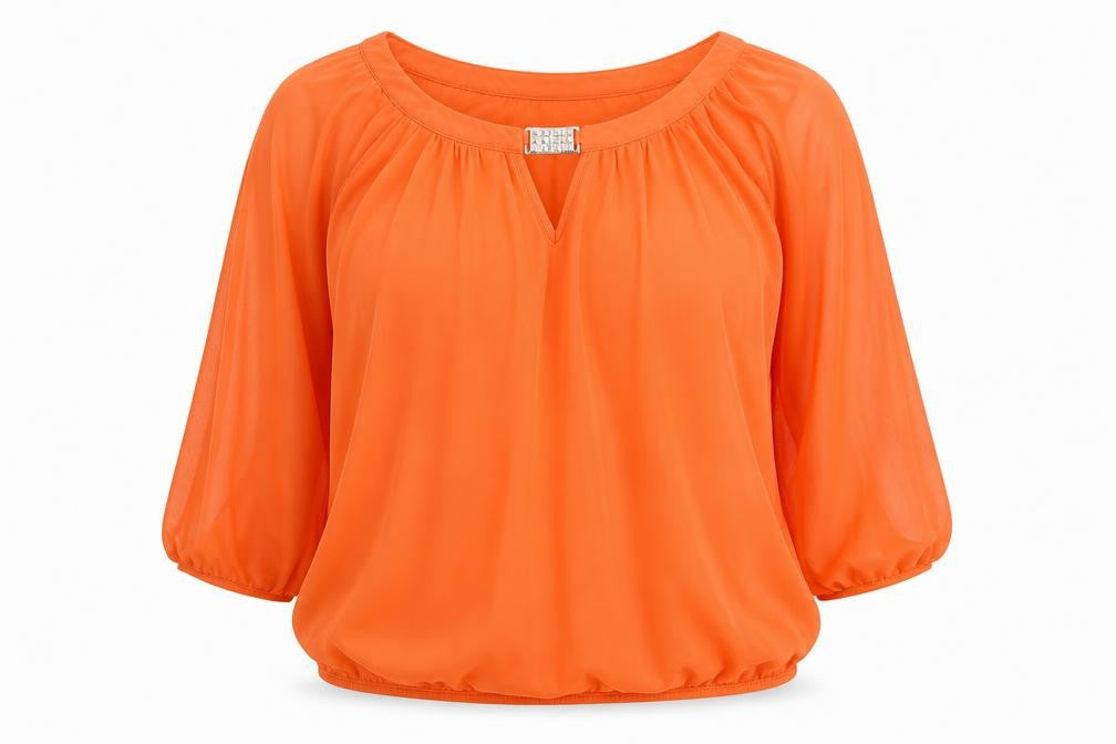 Front view of Wallis women’s orange polyester basic blouse, size M, boat neck