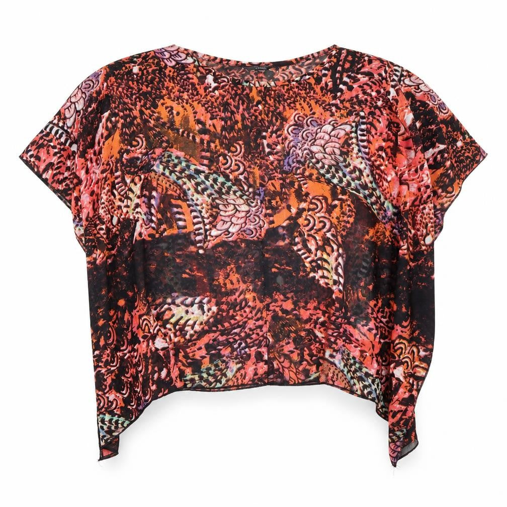 Front view of Peacocks women’s multicoloured geometric polyester basic blouse, size S, boat neck