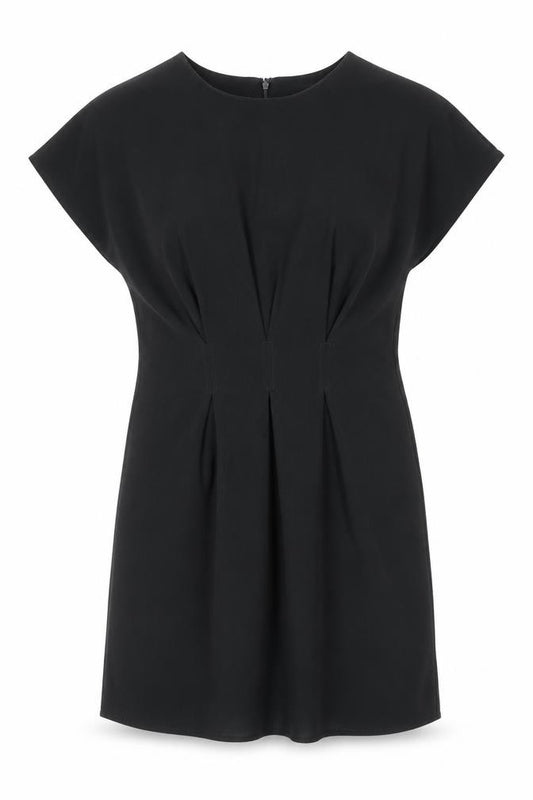 Front view of ASOS women’s black polyester a-line, size UK 12, boat neck zip - pleat detail