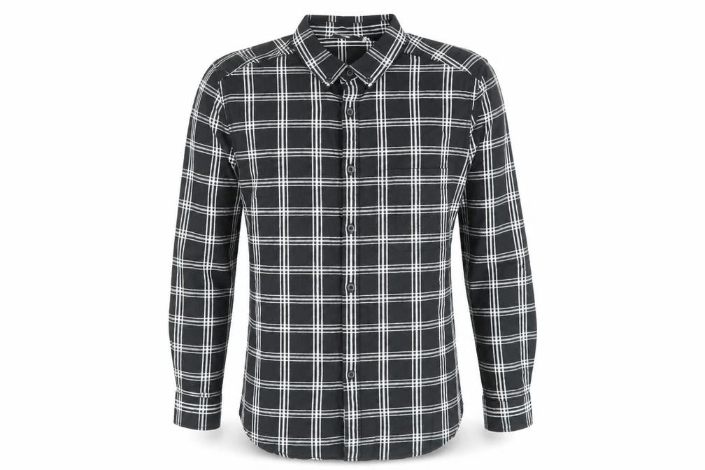 Front view of ASOS men’s black plaid cotton button-up, size M, collared button