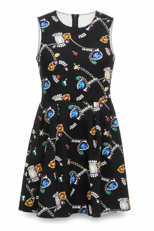 Front view of H&M women’s black geometric polyester skater dress, size L, round neck zip