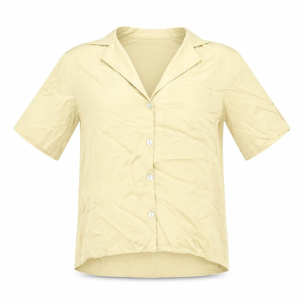 Front view of Zara women’s gold viscose basic button-up, size S, v-neck