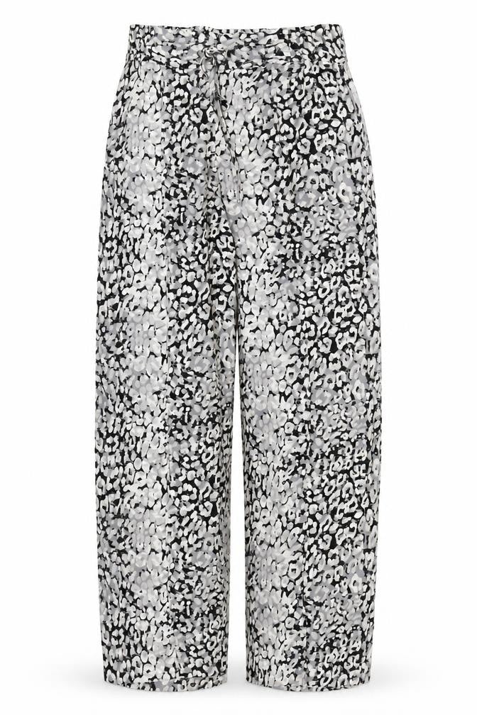 Front view of Marks & Spencer women’s grey animal print polyester trousers, size UK 8, regular drawstring - leopard pattern
