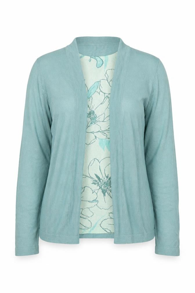 Front view of EWM women’s blue floral acrylic basic blouse, size S, round neck - twin set waterfall esign