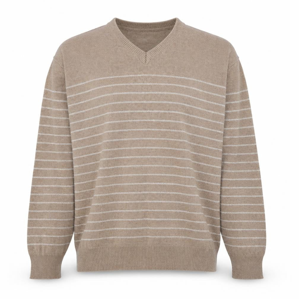 Matalan Mens Brown V-Neck Striped Acrylic Pullover Jumper Size L Long Sleeve