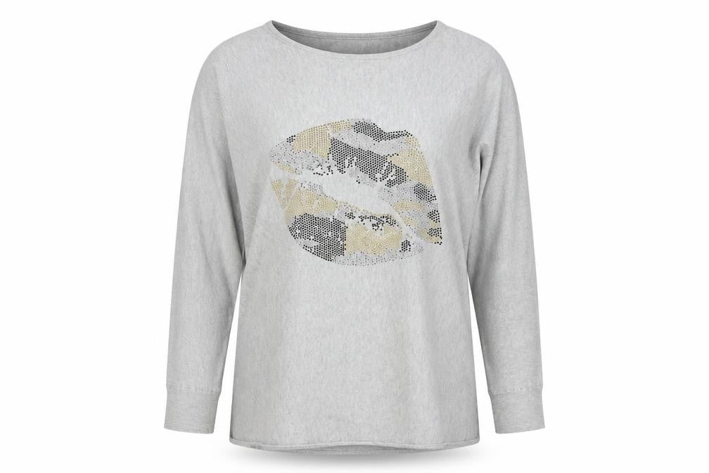 Front view of QED London women’s grey viscose basic blouse, size S, boat neck - lips motif