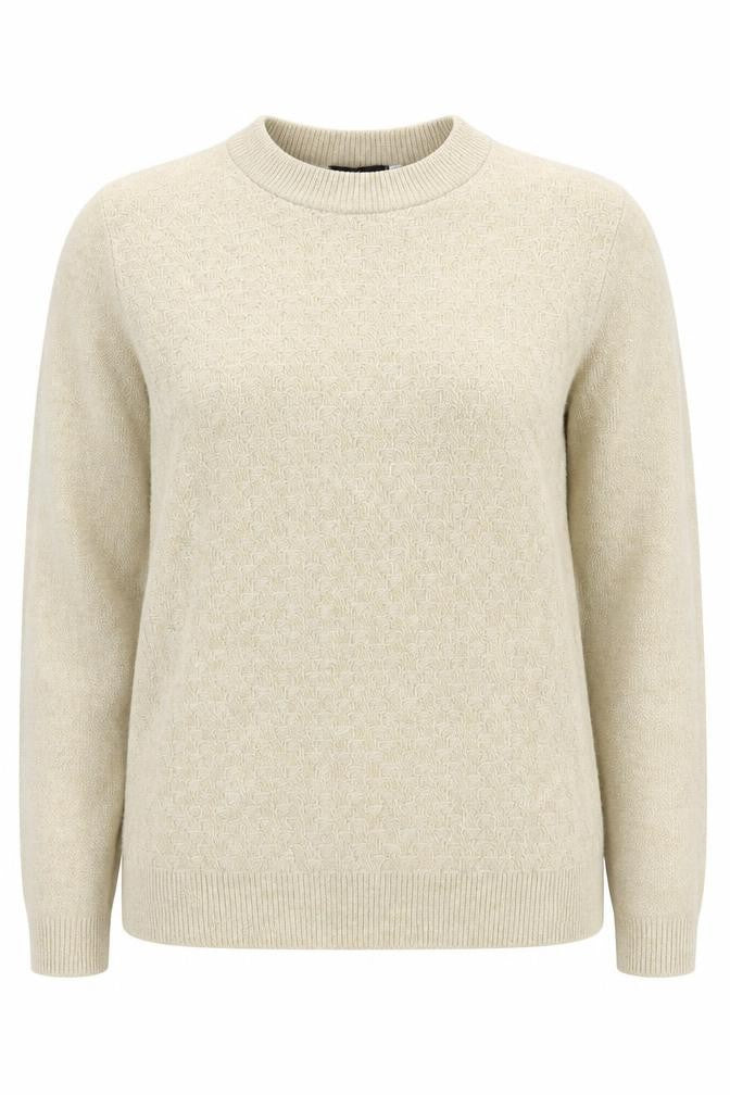 Front view of Monique girls’ beige mock neck acrylic jumper, size L, pullover