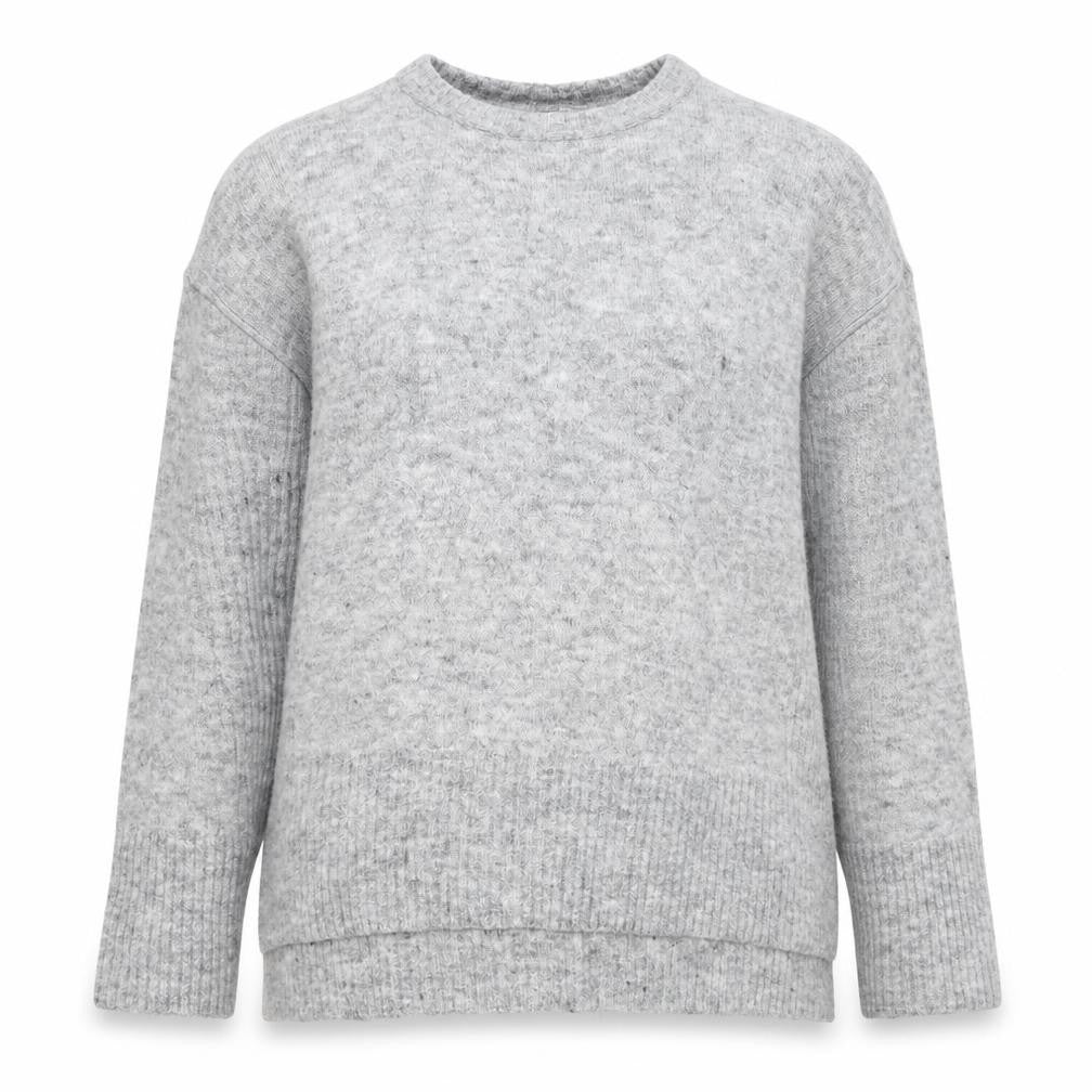 Front view of Divided women’s grey round neck acrylic jumper, size M