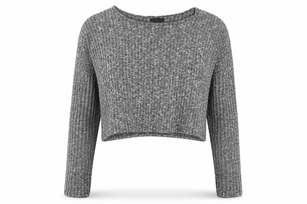 Front view of Topshop women’s grey round neck geometric polyester jumper, size UK 8