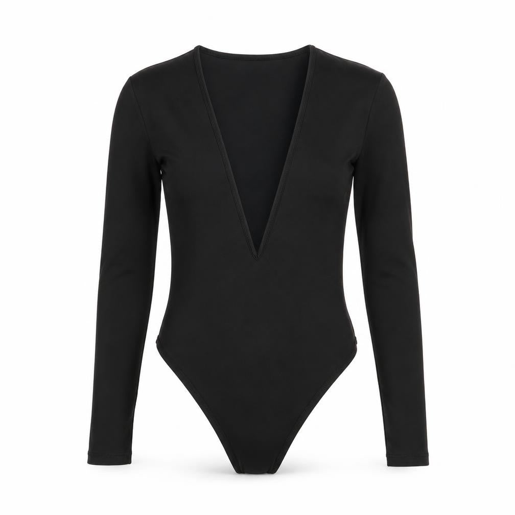 Front view of SHEIN women’s black polyester bodysuit one-piece, size S, snap