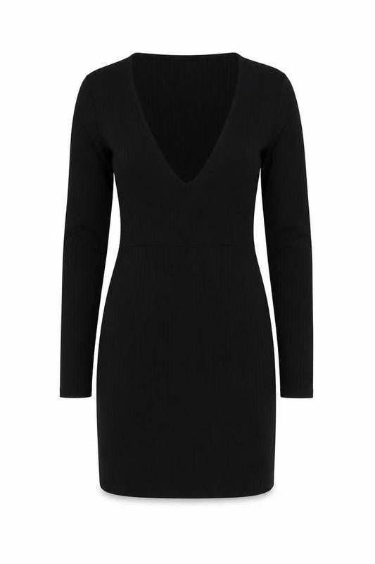 Front view of PRETTYLITTLETHING women’s black polyester mini, size UK 4, v-neck pullover
