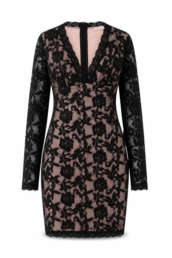 Front view of Style Plus women’s black polyester pencil dress, size UK 10, v-neck zip
