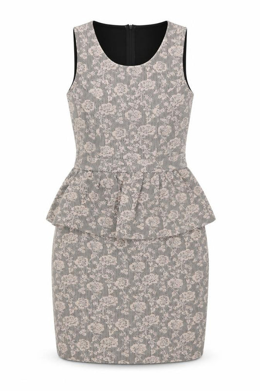 Front view of K&A women’s pink floral polyester pencil dress, size UK 12, scoop neck zip