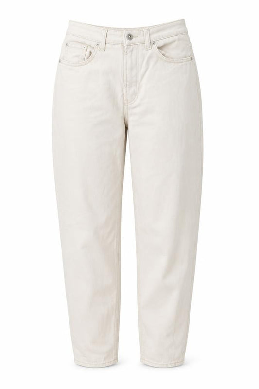 Front view of H&M women’s beige cotton mom jeans, size M, 28-inch leg regular button