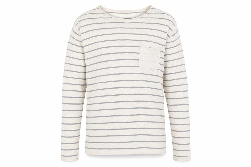 Front view of River Island men’s beige round neck striped cotton jumper, size M, long sleeve