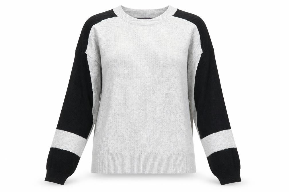 Front view of Marks & Spencer women’s grey round neck viscose jumper, size M, - colour block