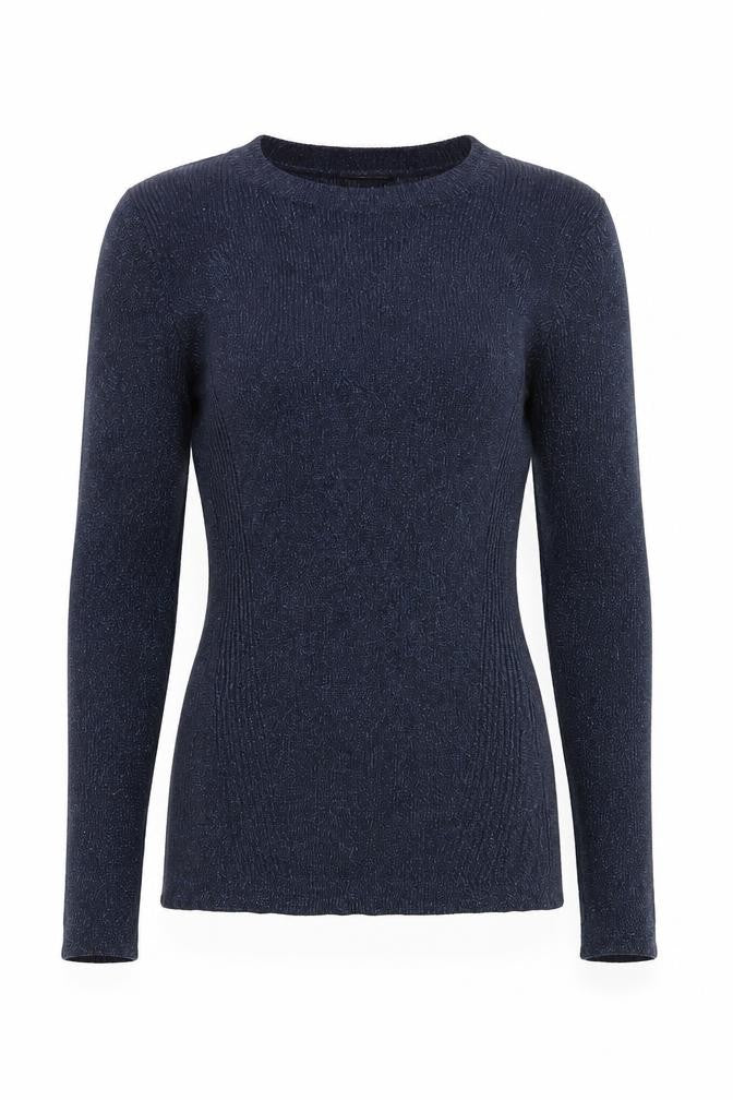 Front view of Warehouse women’s blue round neck viscose jumper, size UK 10