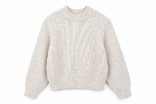 Front view of ASOS women’s beige round neck acrylic jumper, size UK 6, - ribbed