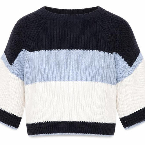 Marks and Spencer Womens Blue Round Neck Striped Cotton Pullover Jumper Size M - Cropped