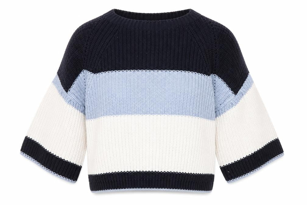 Marks and Spencer Womens Blue Round Neck Striped Cotton Pullover Jumper Size M - Cropped
