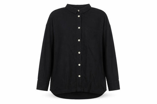 Front view of Preworn women’s black cotton basic button-up, size L, collared