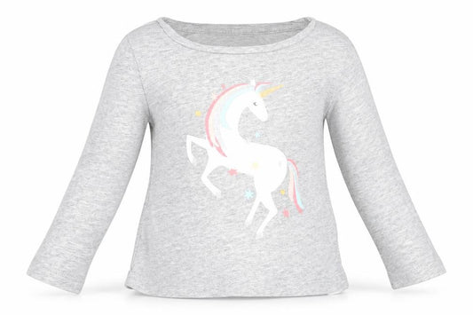 Front view of Gap girls’ grey cotton basic t-shirt, size 12-18, months round neck pullover - unicorn print
