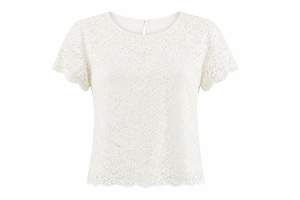 Front view of Oasis women’s white polyester basic t-shirt, size L, round neck