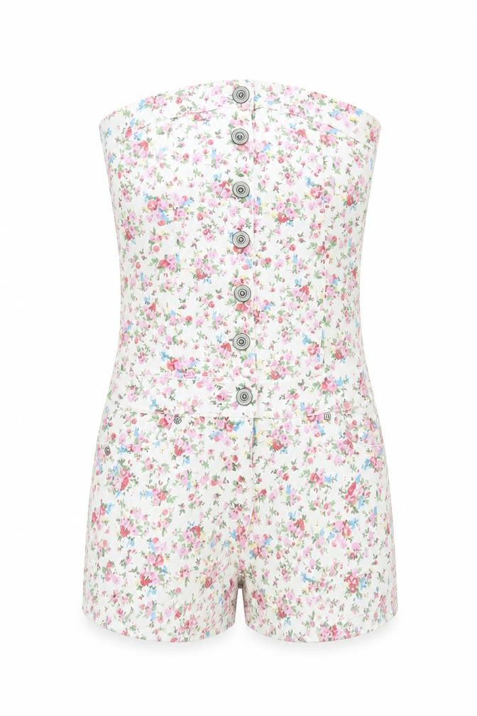 Yes Yes Womens White Floral Cotton Playsuit One-Piece Size 10 Button