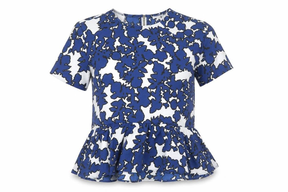 Front view of River Island women’s blue floral polyester basic t-shirt, size UK 8, scoop neck - peplum
