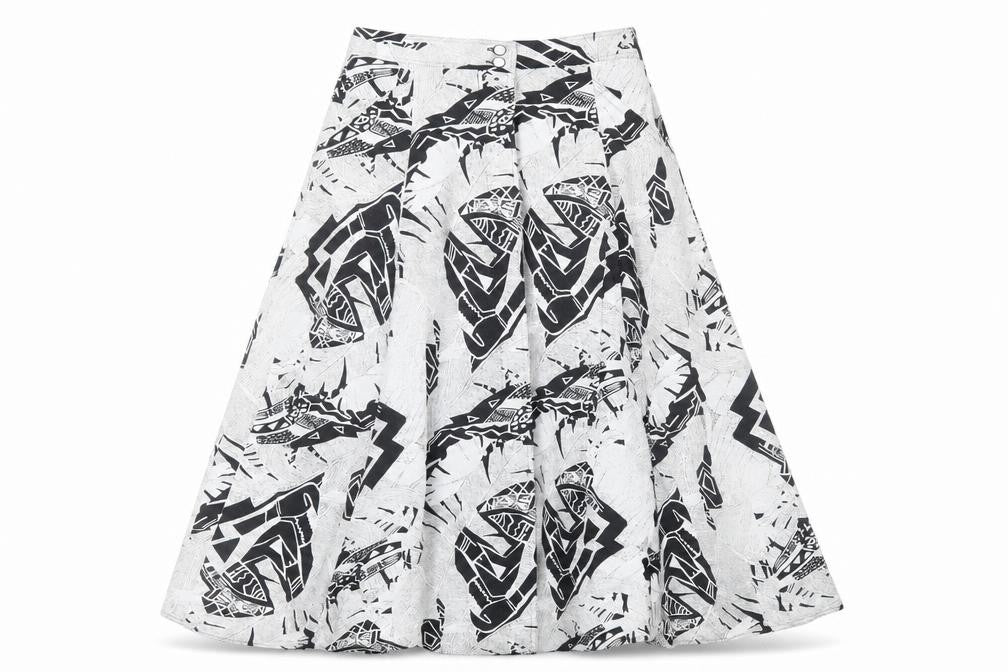 Preworn Womens White Geometric Viscose A-Line Skirt Size 10 Button