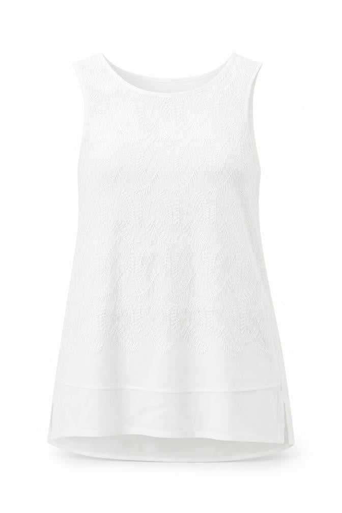 Front view of Per Una women’s white geometric polyester basic tank, size M, round neck