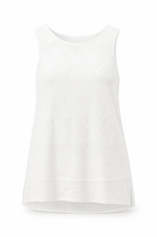 Front view of Per Una women’s white geometric polyester basic tank, size M, round neck