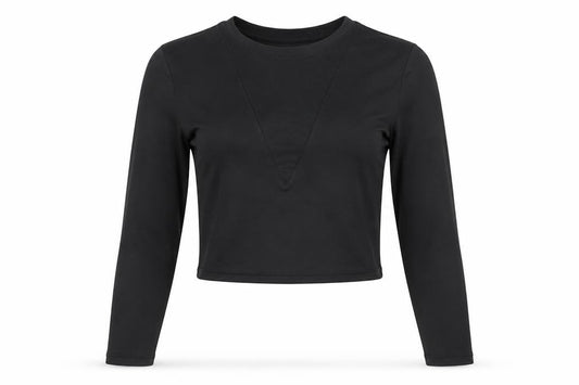 Front view of H&M women’s black polyester cropped t-shirt, size S, round neck