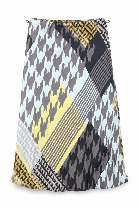 Front view of Divided women’s multicoloured geometric polyester swing skirt, size UK 12, hook & loop