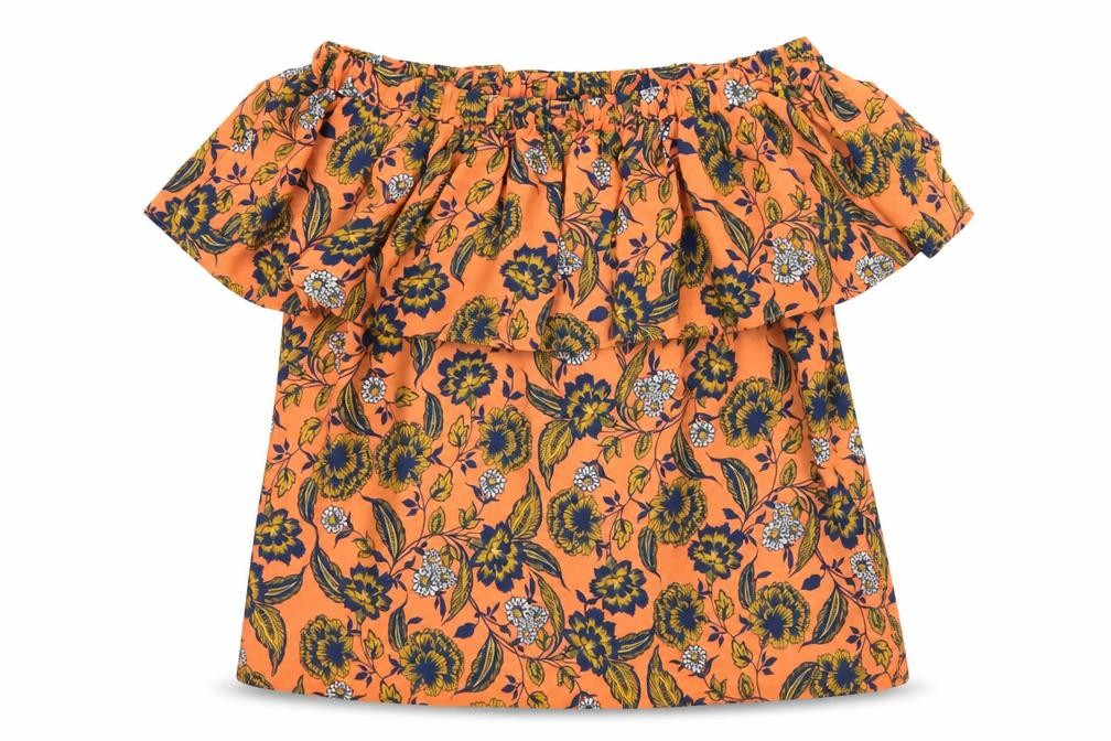 Front view of Peacocks women’s orange floral polyester basic blouse, size UK 8, off the shoulder - bardot