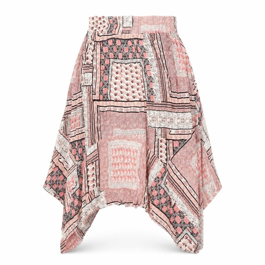 Front view of Atmosphere women’s pink geometric viscose a-line skirt, size UK 8, hook & loop