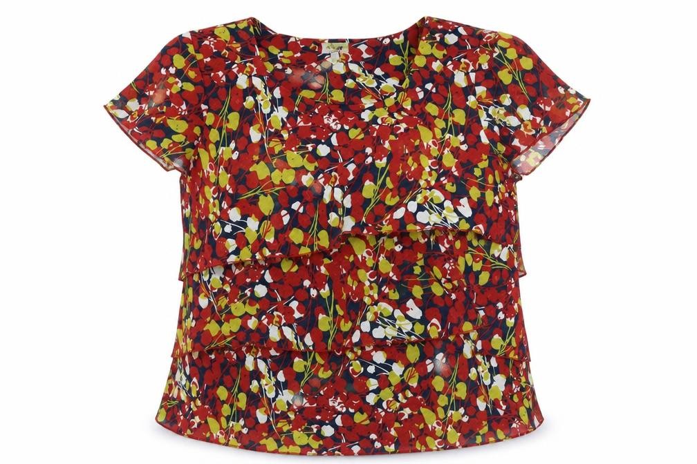 Front view of Epilogue women’s red geometric polyester basic blouse, size UK 16, round neck