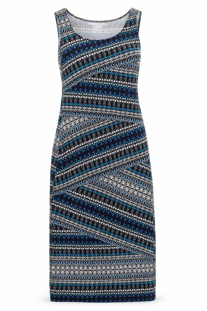 Front view of Max Studio women’s multicoloured geometric polyester tank dress, size S, scoop neck pullover
