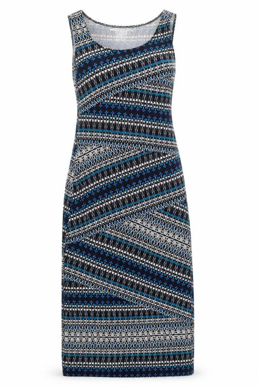 Front view of Max Studio women’s multicoloured geometric polyester tank dress, size S, scoop neck pullover