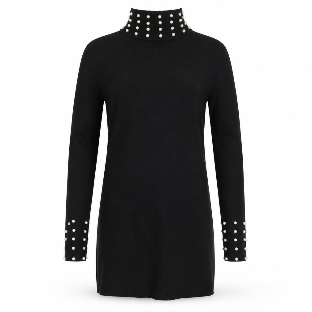 Front view of Preworn women’s black cotton basic t-shirt, size S, high neck