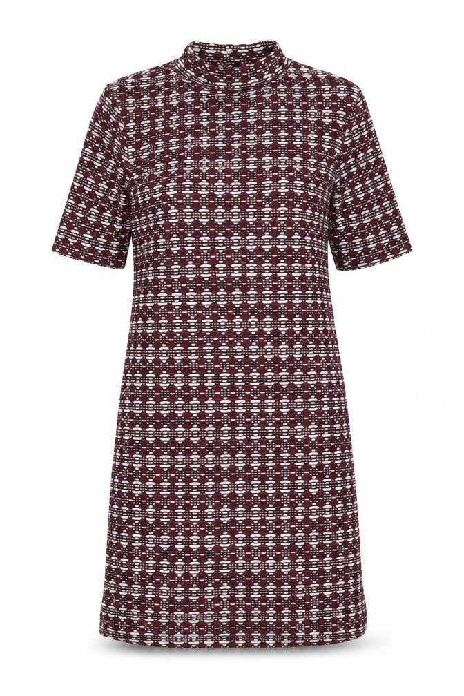 Front view of women’s multicoloured geometric polyester shift, size UK 10, mock neck pullover
