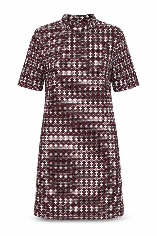 Front view of women’s multicoloured geometric polyester shift, size UK 10, mock neck pullover